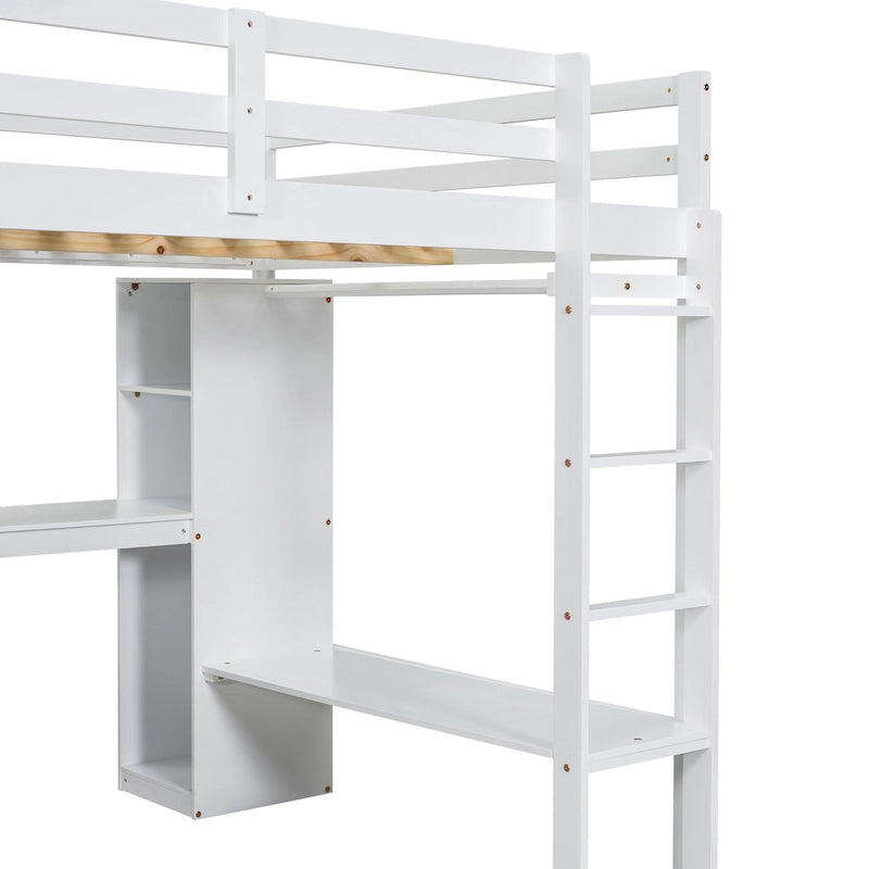 Full Size Loft Bed with L-shaped Desk, Wardrobe and Storage Shelves