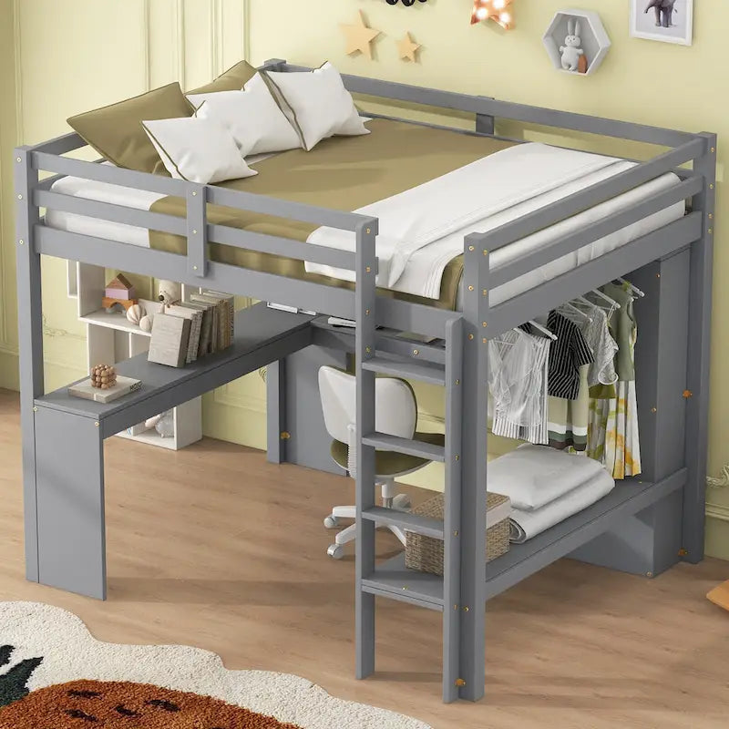Full Size Loft Bed with L-shaped Desk, Wardrobe and Storage Shelves
