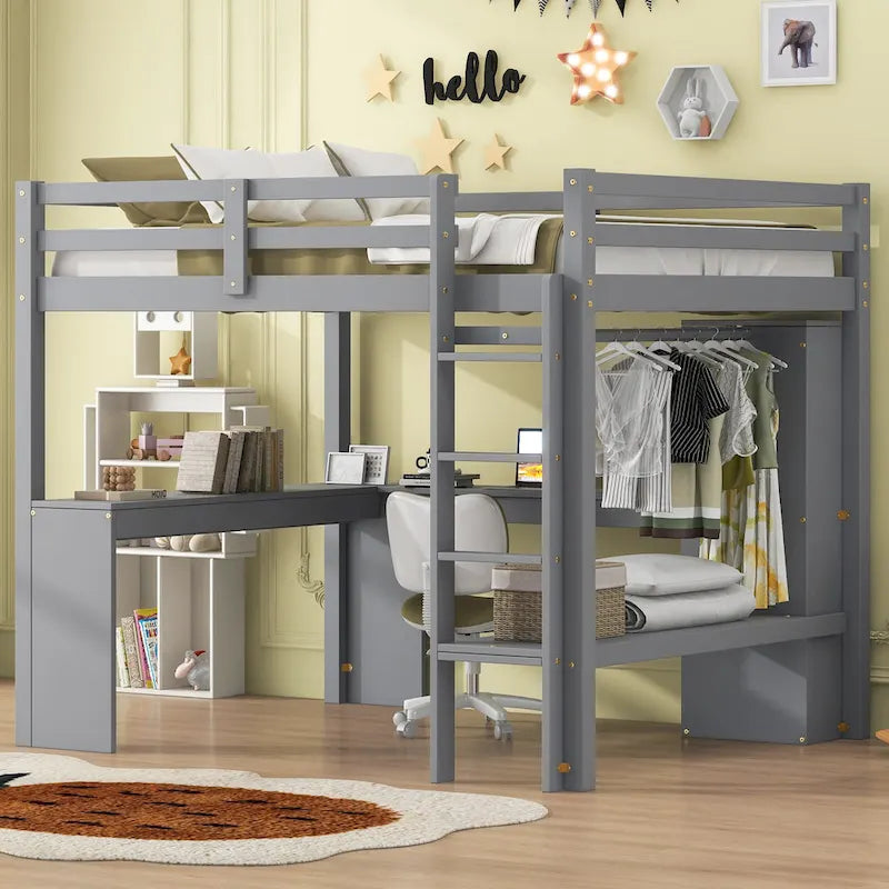 Full Size Loft Bed with L-shaped Desk, Wardrobe and Storage Shelves