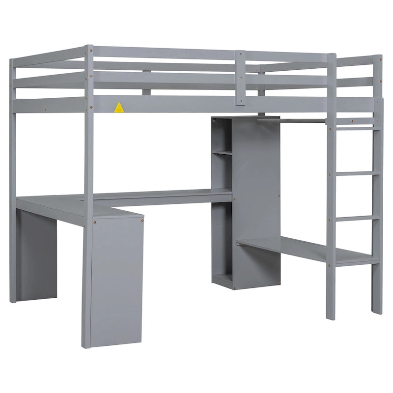 Full Size Loft Bed with L-shaped Desk, Wardrobe and Storage Shelves
