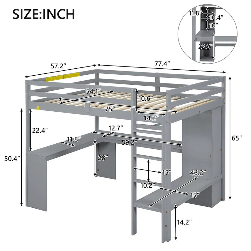 Full Size Loft Bed with L-shaped Desk, Wardrobe and Storage Shelves