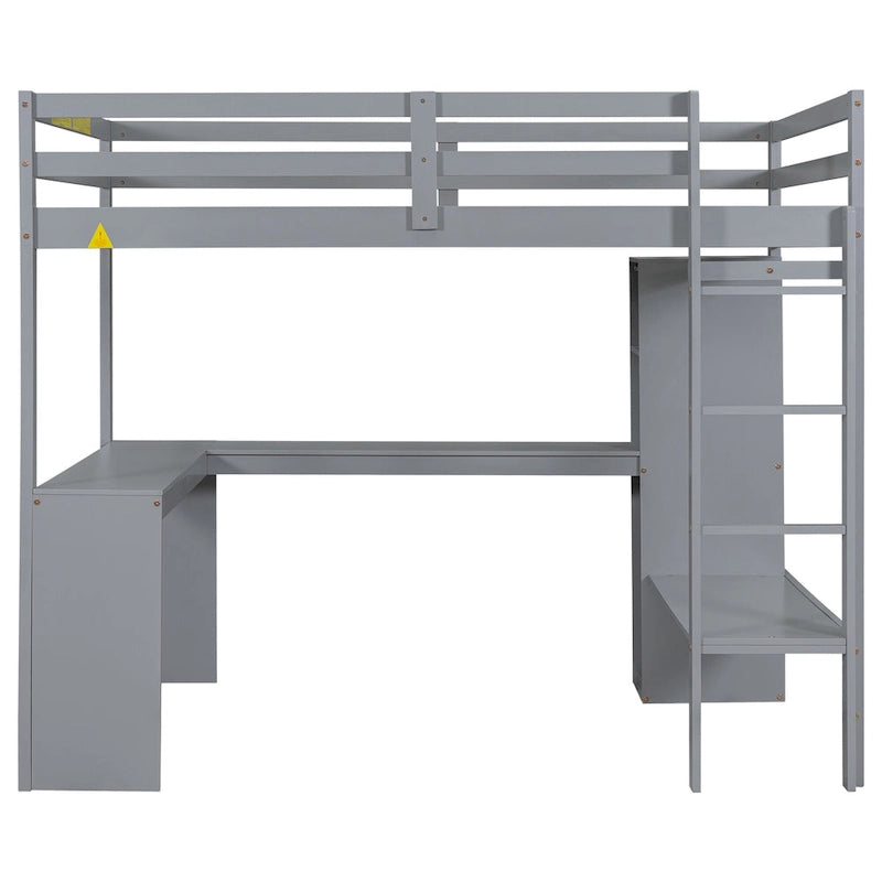Full Size Loft Bed with L-shaped Desk, Wardrobe and Storage Shelves