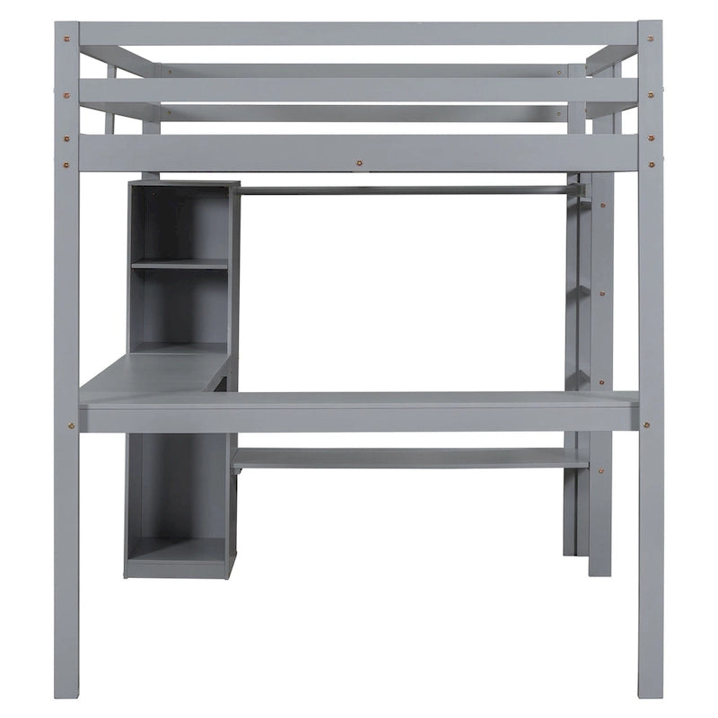 Full Size Loft Bed with L-shaped Desk, Wardrobe and Storage Shelves
