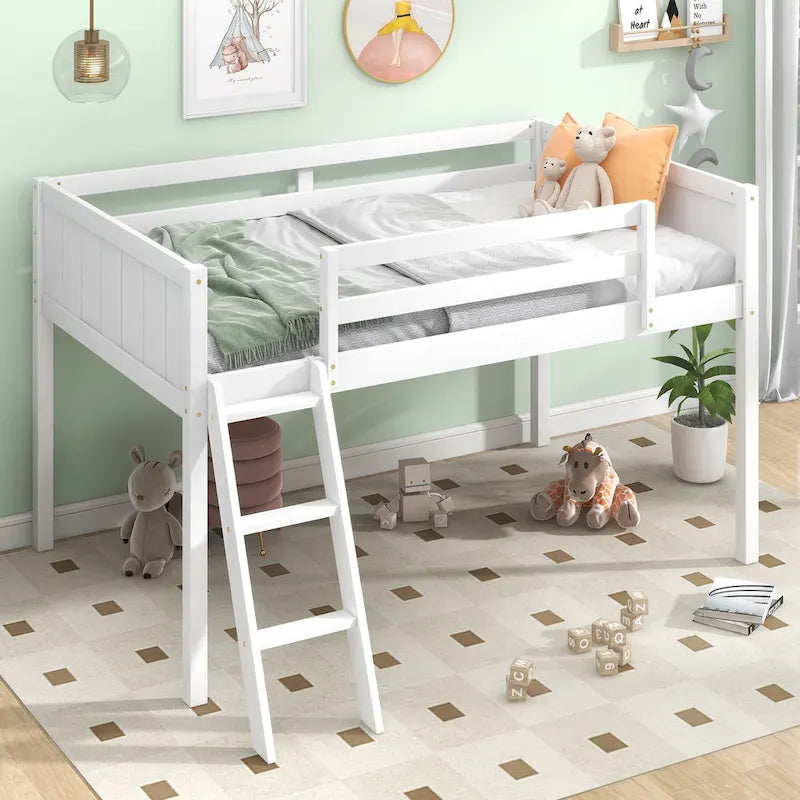 Twin Size Wood Low Loft Bed with Ladder can be Placed on The Left or Right, Gray
