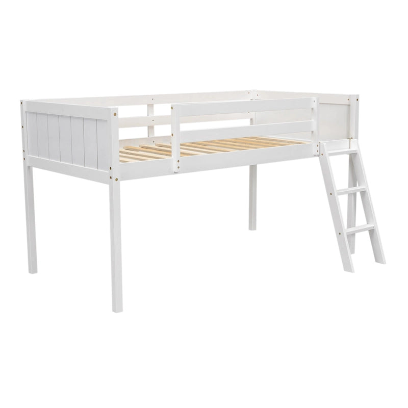 Twin Size Wood Low Loft Bed with Ladder can be Placed on The Left or Right, Gray