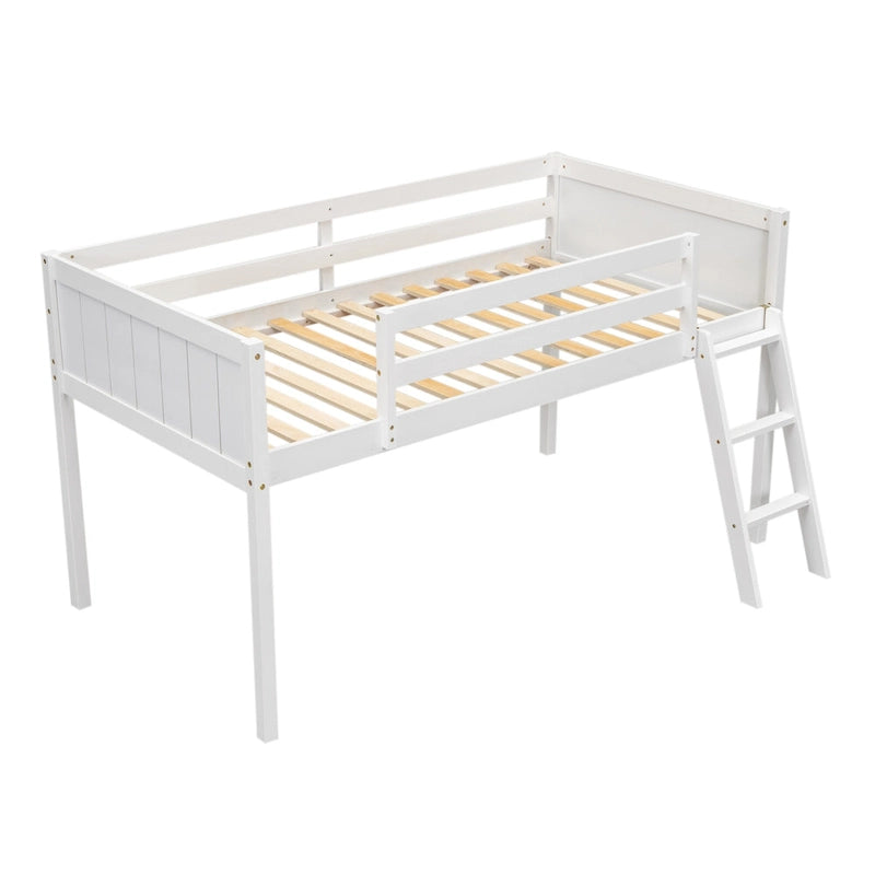 Twin Size Wood Low Loft Bed with Ladder can be Placed on The Left or Right, Gray