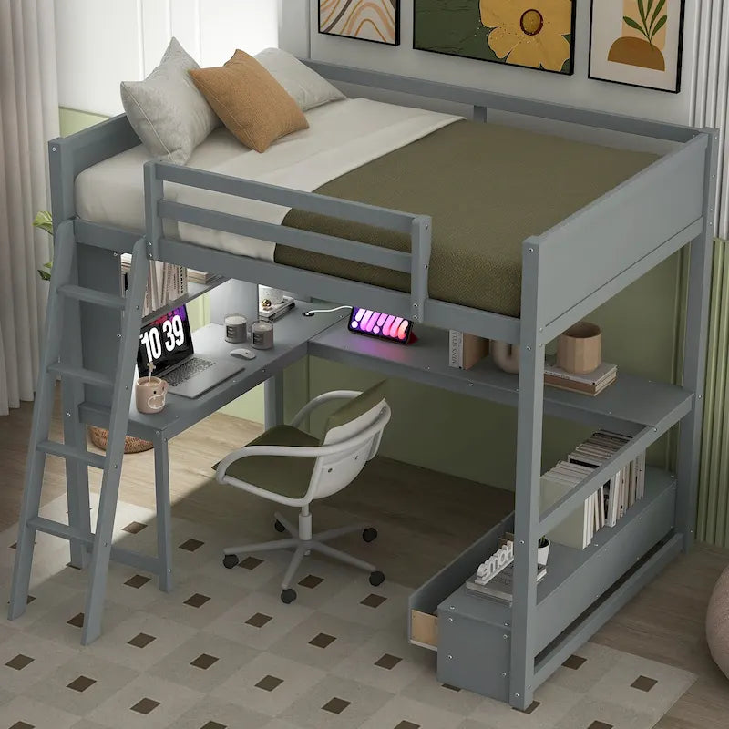 Cama alta matrimonial con escritorio de almacenamiento múltiple en L, luz LED y estación de carga USB, banco de almacenamiento de madera para cama alta con 2 cajones
