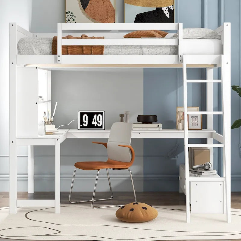 Full Size Loft Bed with L-shaped Multi-storage Desk, LED light & USB Charging Station, Wooden Loft Bed Storage Bench w/2 Drawers