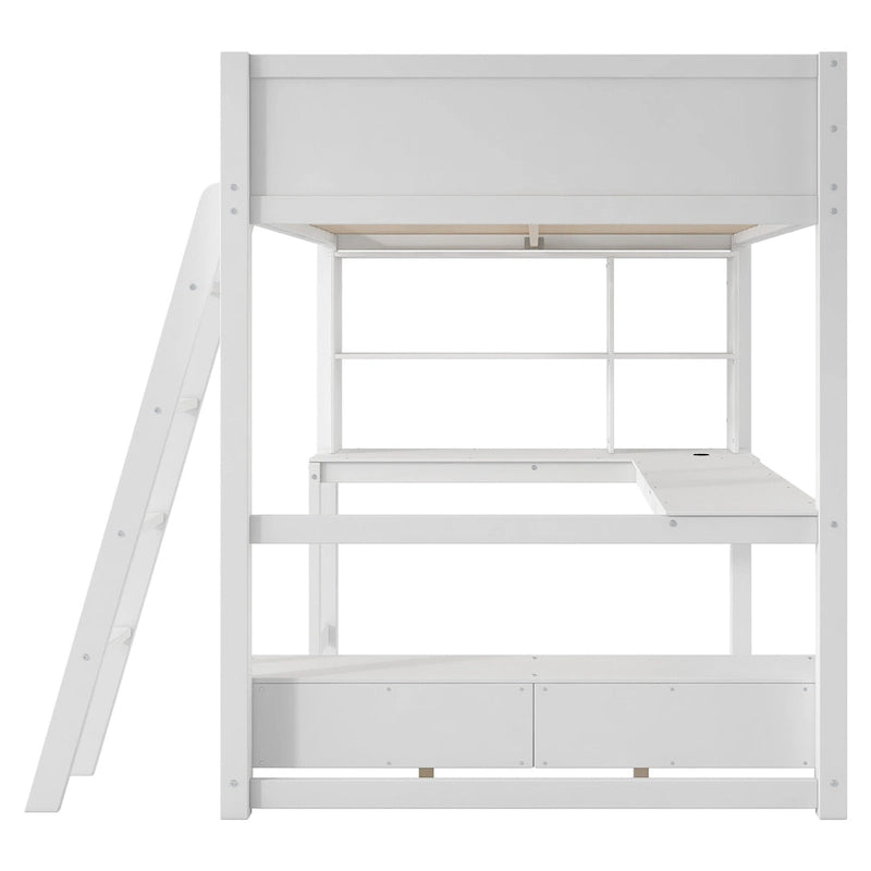 Cama alta matrimonial con escritorio de almacenamiento múltiple en L, luz LED y estación de carga USB, banco de almacenamiento de madera para cama alta con 2 cajones