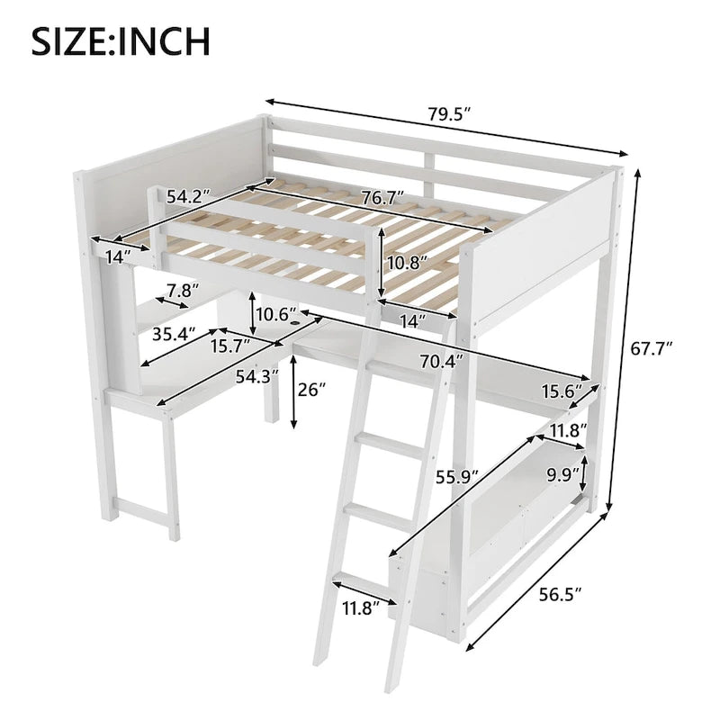 Full Size Loft Bed with L-shaped Multi-storage Desk, LED light & USB Charging Station, Wooden Loft Bed Storage Bench w/2 Drawers