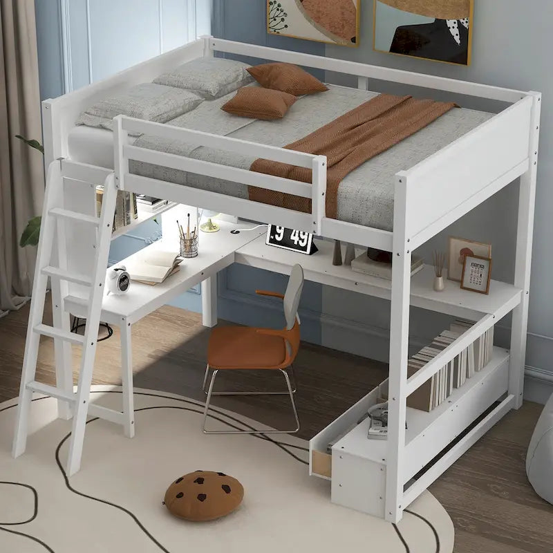 Full Size Loft Bed with L-shaped Multi-storage Desk, LED light & USB Charging Station, Wooden Loft Bed Storage Bench w/2 Drawers