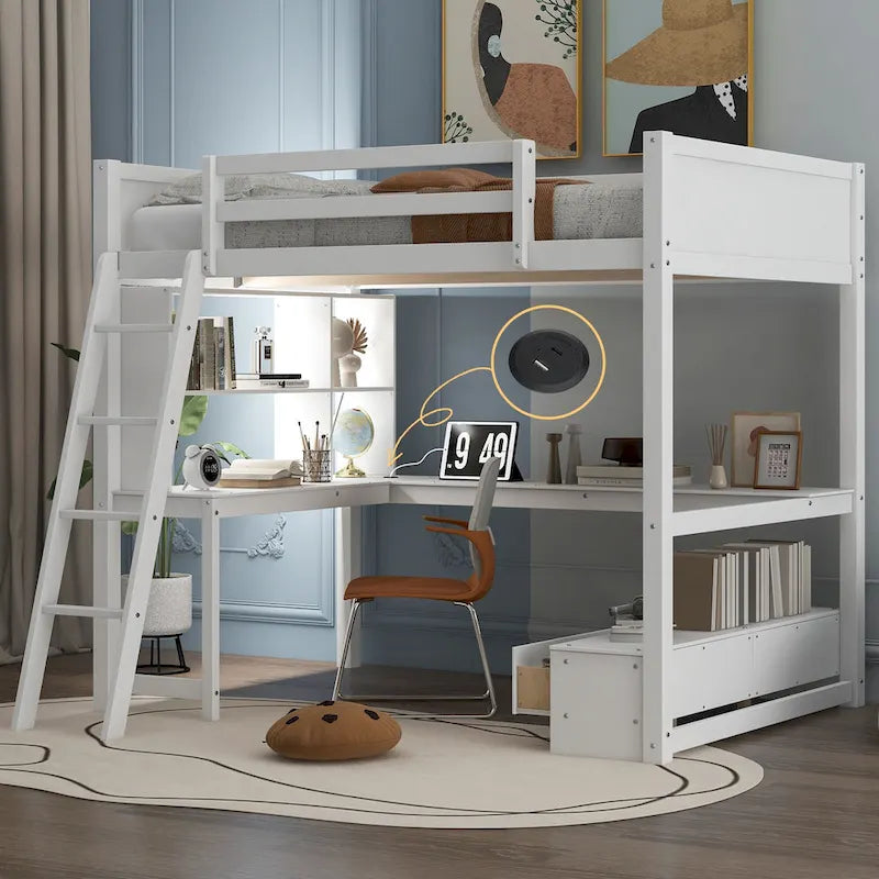 Cama alta matrimonial con escritorio de almacenamiento múltiple en L, luz LED y estación de carga USB, banco de almacenamiento de madera para cama alta con 2 cajones