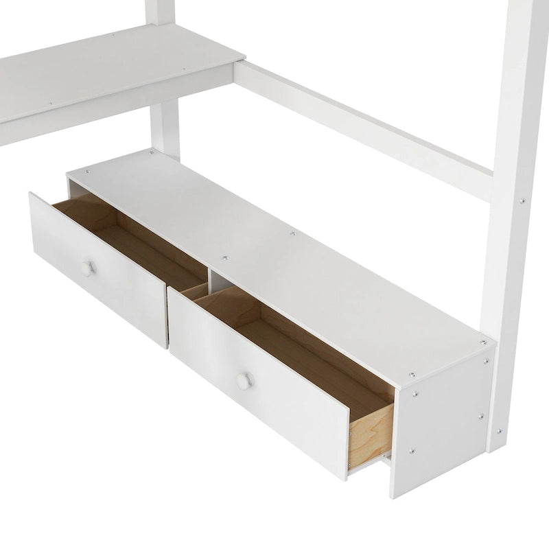 Cama alta matrimonial con escritorio de almacenamiento múltiple en L, luz LED y estación de carga USB, banco de almacenamiento de madera para cama alta con 2 cajones