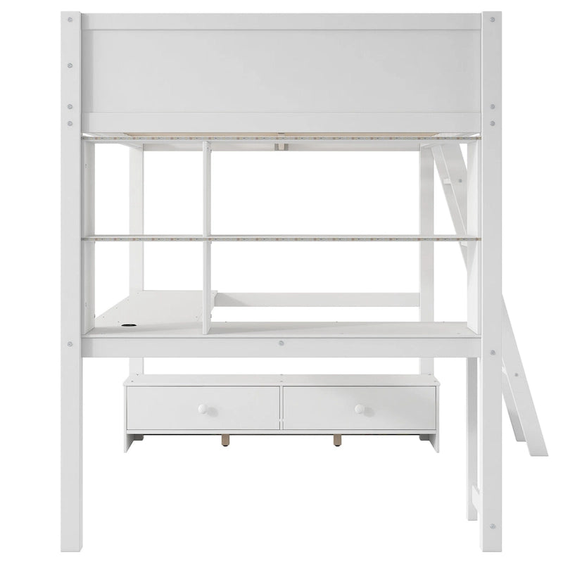 Cama alta matrimonial con escritorio de almacenamiento múltiple en L, luz LED y estación de carga USB, banco de almacenamiento de madera para cama alta con 2 cajones