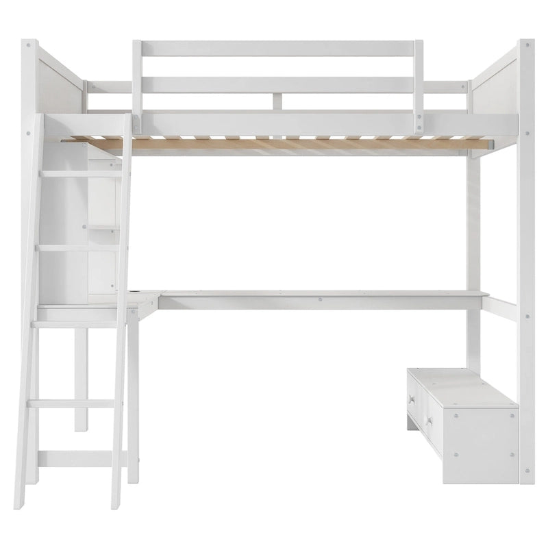 Cama alta matrimonial con escritorio de almacenamiento múltiple en L, luz LED y estación de carga USB, banco de almacenamiento de madera para cama alta con 2 cajones