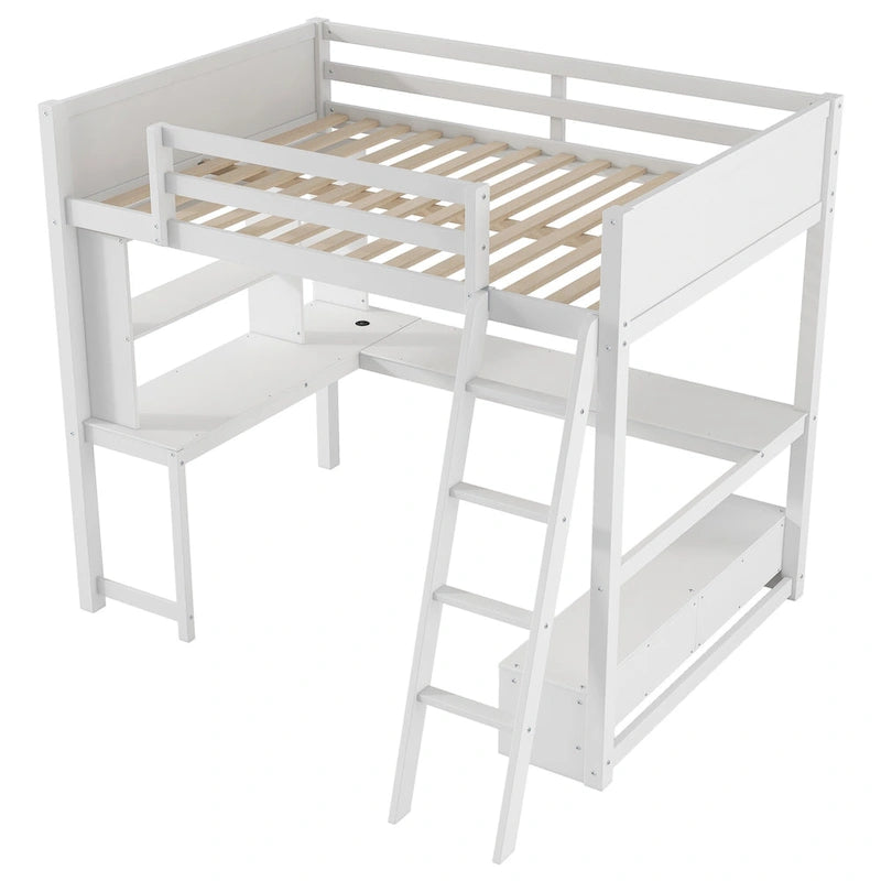 Cama alta matrimonial con escritorio de almacenamiento múltiple en L, luz LED y estación de carga USB, banco de almacenamiento de madera para cama alta con 2 cajones