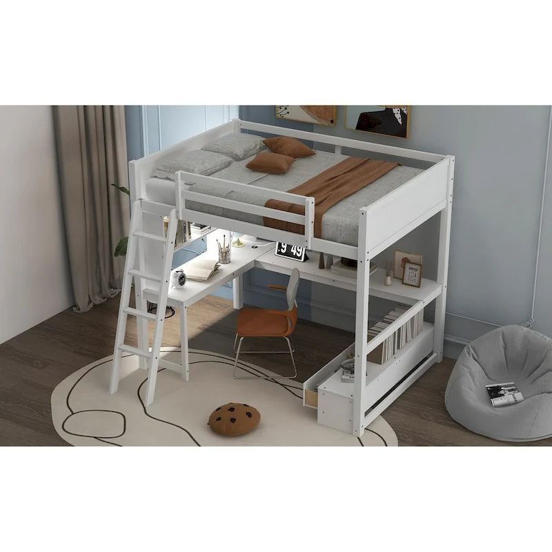 Cama alta matrimonial con escritorio de almacenamiento múltiple en L, luz LED y estación de carga USB, banco de almacenamiento de madera para cama alta con 2 cajones