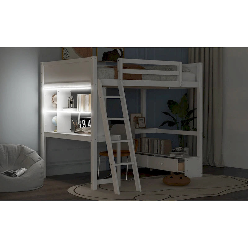 Cama alta matrimonial con escritorio de almacenamiento múltiple en L, luz LED y estación de carga USB, banco de almacenamiento de madera para cama alta con 2 cajones