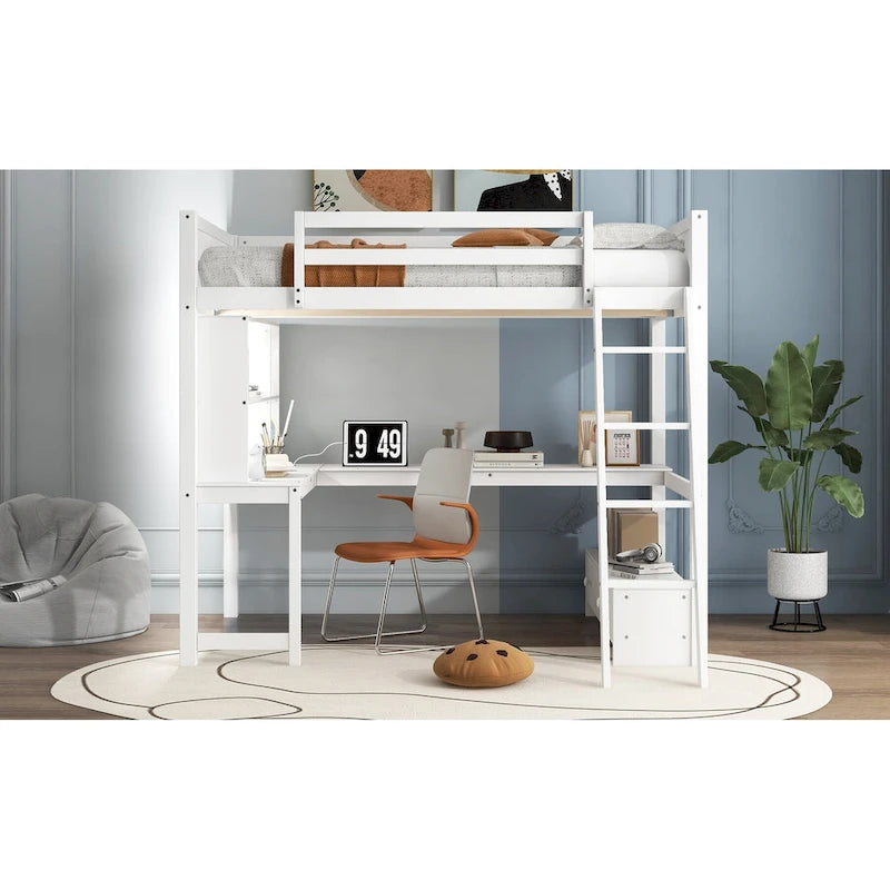 Cama alta matrimonial con escritorio de almacenamiento múltiple en L, luz LED y estación de carga USB, banco de almacenamiento de madera para cama alta con 2 cajones