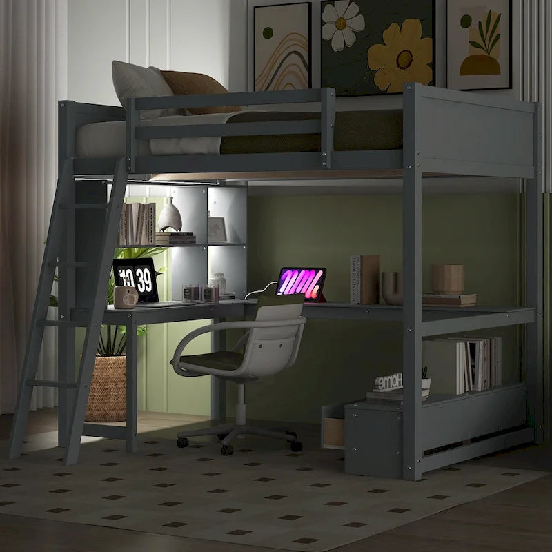 Cama alta matrimonial con escritorio de almacenamiento múltiple en L, luz LED y estación de carga USB, banco de almacenamiento de madera para cama alta con 2 cajones