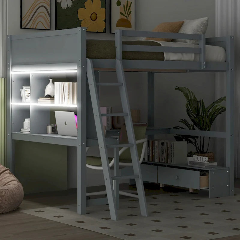 Cama alta matrimonial con escritorio de almacenamiento múltiple en L, luz LED y estación de carga USB, banco de almacenamiento de madera para cama alta con 2 cajones