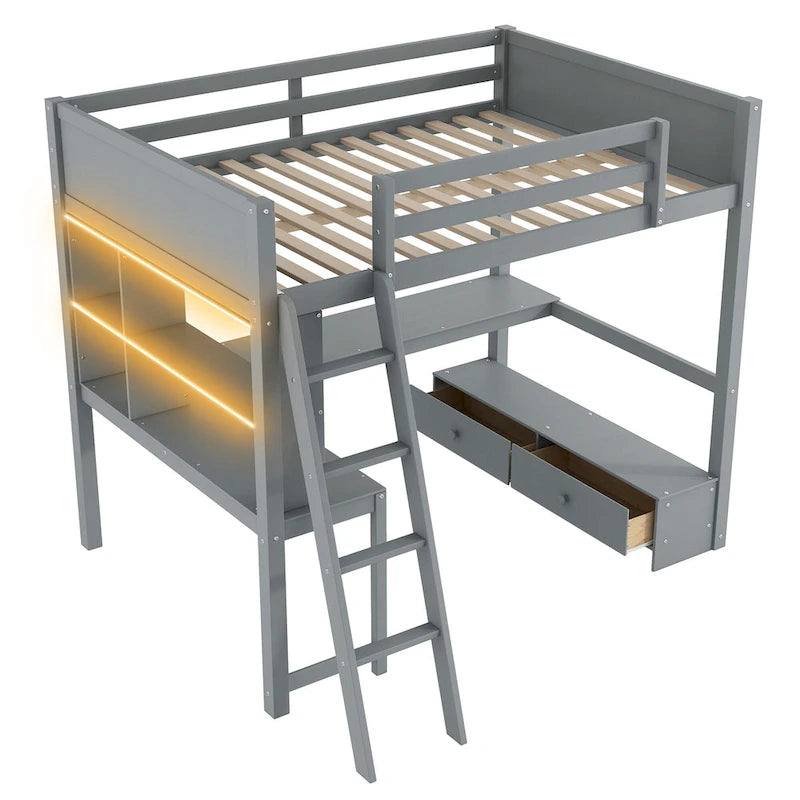 Cama alta matrimonial con escritorio de almacenamiento múltiple en L, luz LED y estación de carga USB, banco de almacenamiento de madera para cama alta con 2 cajones