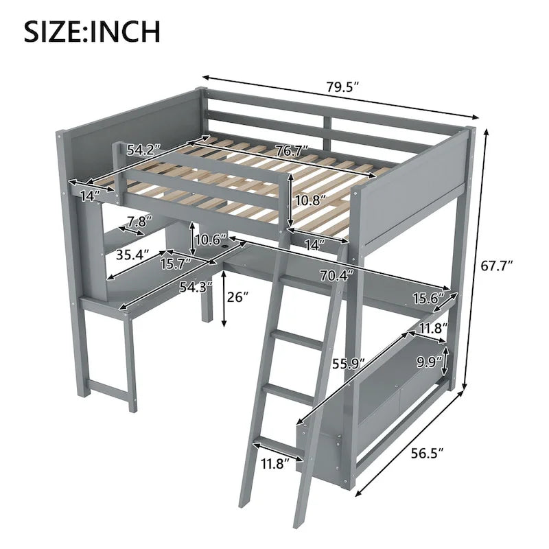 Cama alta matrimonial con escritorio de almacenamiento múltiple en L, luz LED y estación de carga USB, banco de almacenamiento de madera para cama alta con 2 cajones