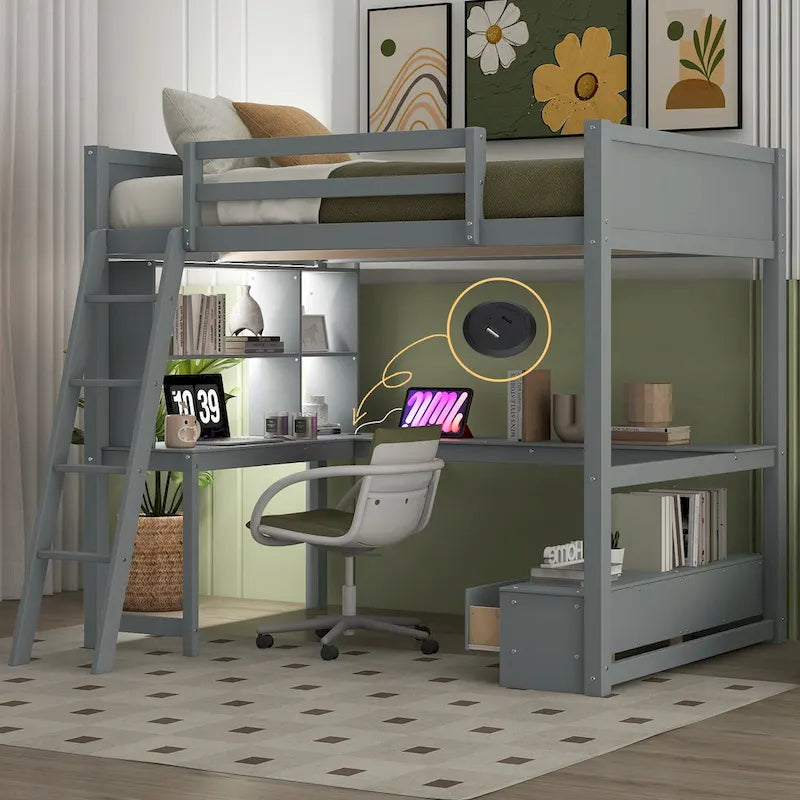 Cama alta matrimonial con escritorio de almacenamiento múltiple en L, luz LED y estación de carga USB, banco de almacenamiento de madera para cama alta con 2 cajones