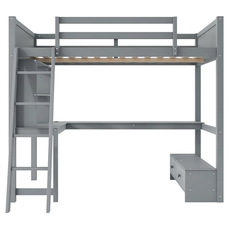 Cama alta matrimonial con escritorio de almacenamiento múltiple en L, luz LED y estación de carga USB, banco de almacenamiento de madera para cama alta con 2 cajones