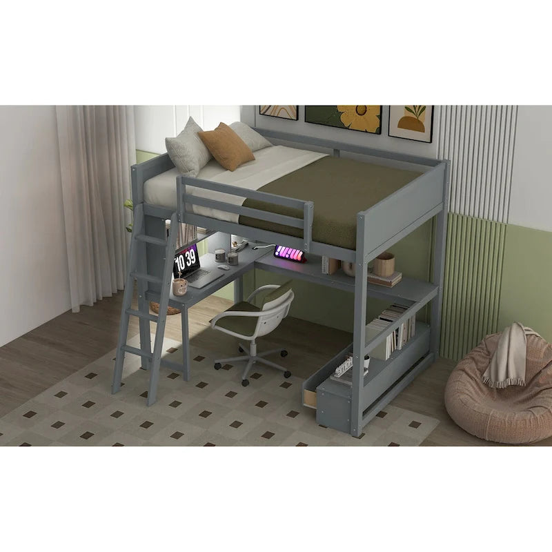 Cama alta matrimonial con escritorio de almacenamiento múltiple en L, luz LED y estación de carga USB, banco de almacenamiento de madera para cama alta con 2 cajones
