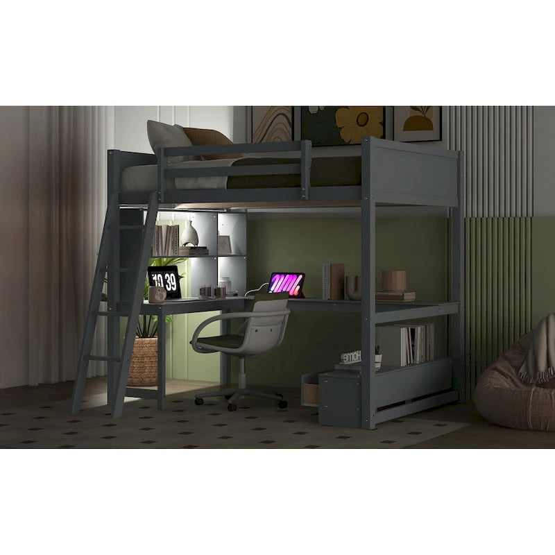 Cama alta matrimonial con escritorio de almacenamiento múltiple en L, luz LED y estación de carga USB, banco de almacenamiento de madera para cama alta con 2 cajones