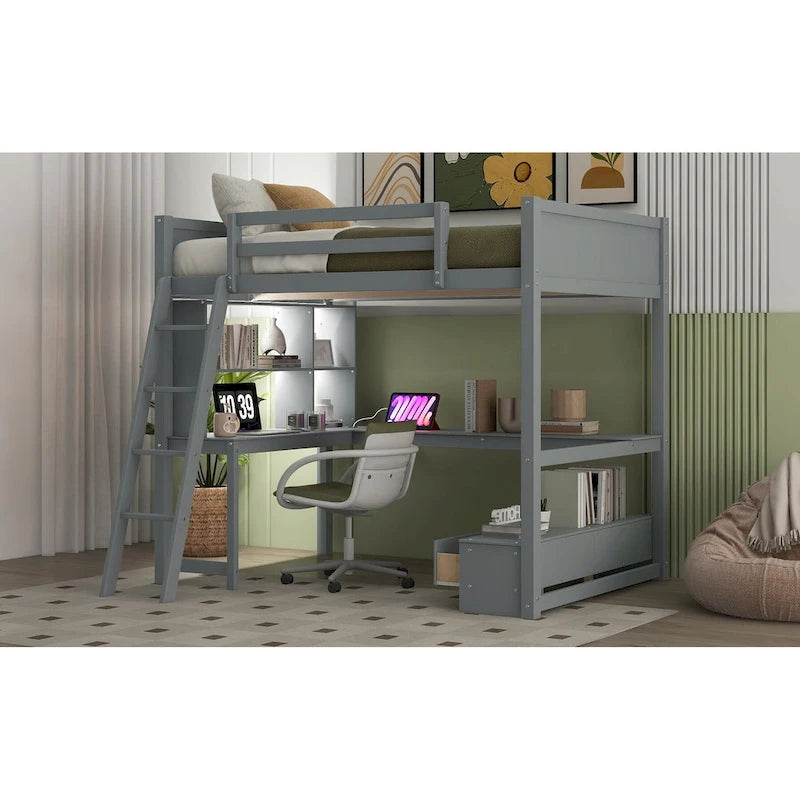 Cama alta matrimonial con escritorio de almacenamiento múltiple en L, luz LED y estación de carga USB, banco de almacenamiento de madera para cama alta con 2 cajones