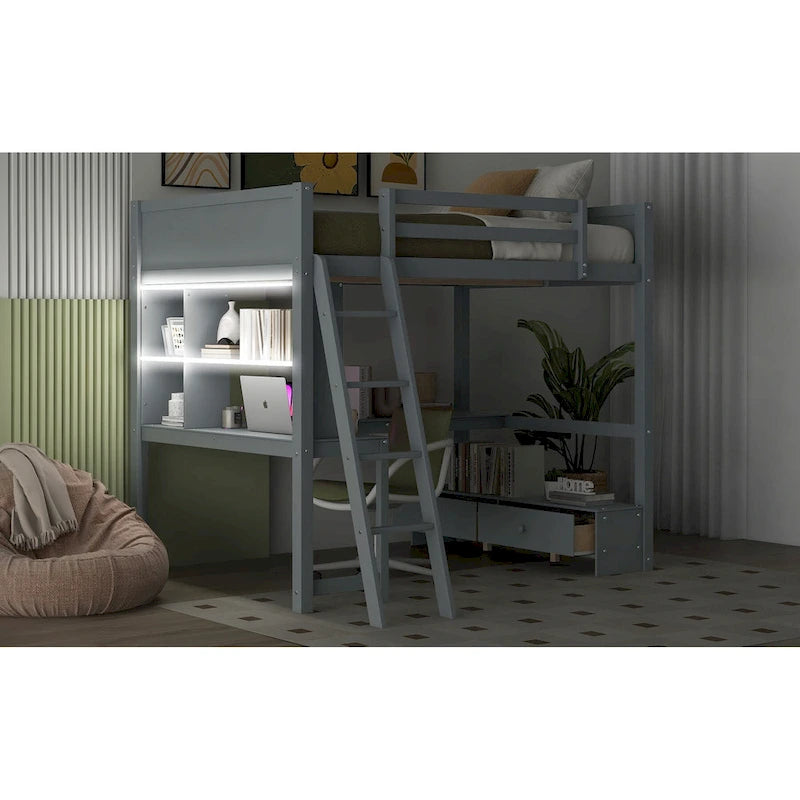 Cama alta matrimonial con escritorio de almacenamiento múltiple en L, luz LED y estación de carga USB, banco de almacenamiento de madera para cama alta con 2 cajones