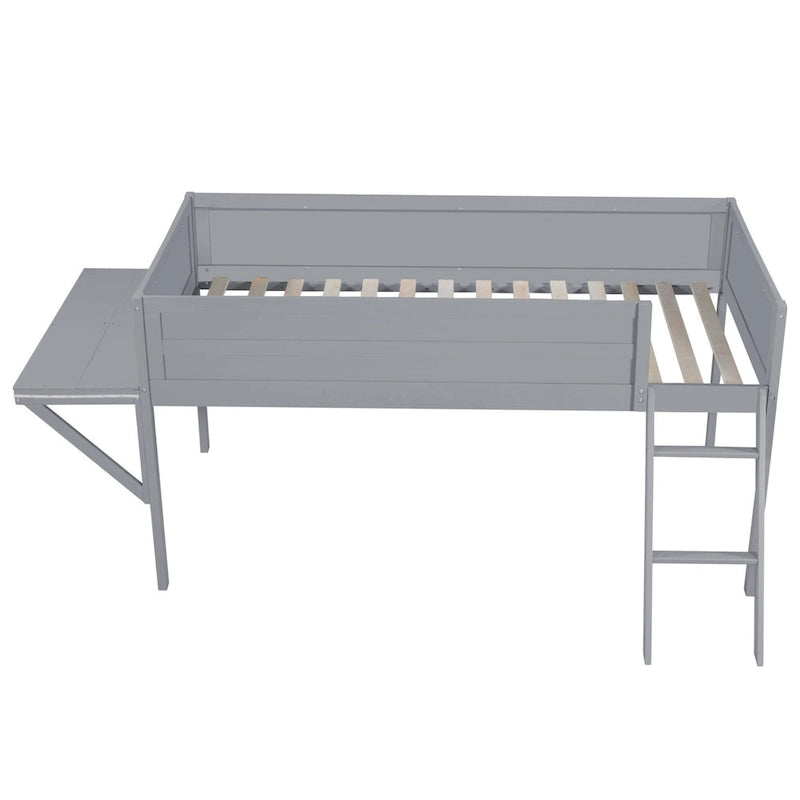 Low Loft Bed with Integrated Desk and LED Lights, Wood Gaming Loft Bed Frame with Angled Ladder, for Kids Girls Boys