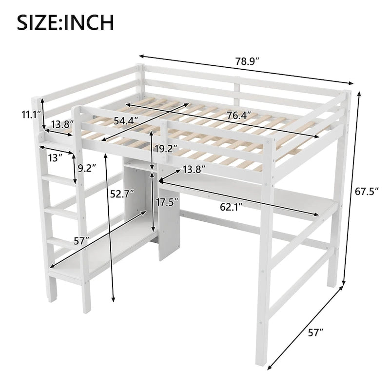 Lit mezzanine 2 places avec étagères de rangement et bureau, cadre de lit pour enfants multifonction avec bibliothèque ouverte