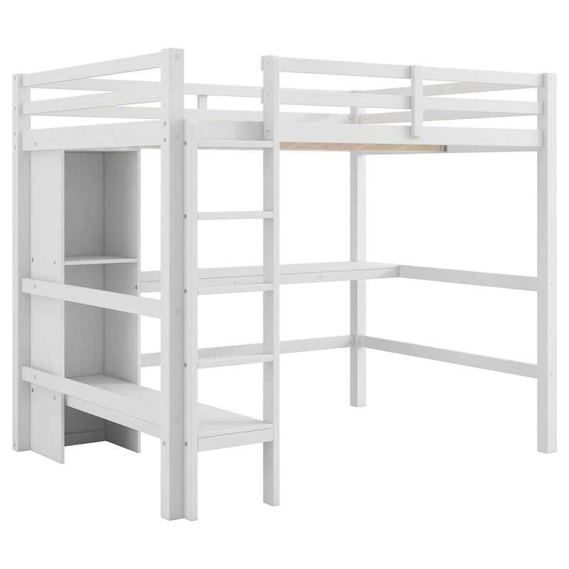 Full Size Loft Bed with Storage Shelves and Desk, Multi-functional Kids Bed Frame with Open Bookcase