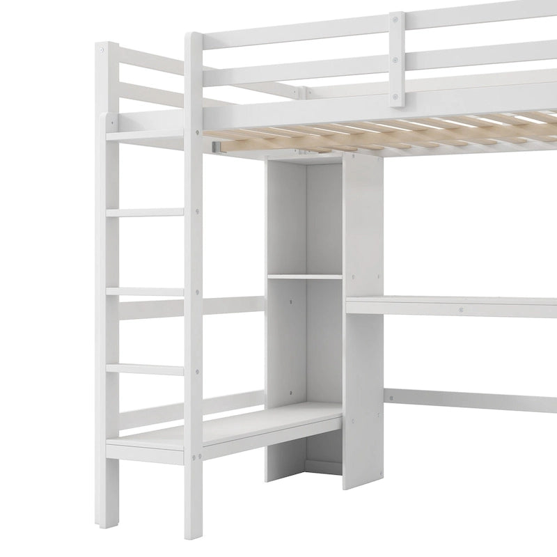 Lit mezzanine 2 places avec étagères de rangement et bureau, cadre de lit pour enfants multifonction avec bibliothèque ouverte