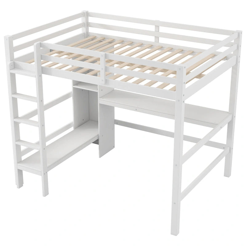 Full Size Loft Bed with Storage Shelves and Desk, Multi-functional Kids Bed Frame with Open Bookcase