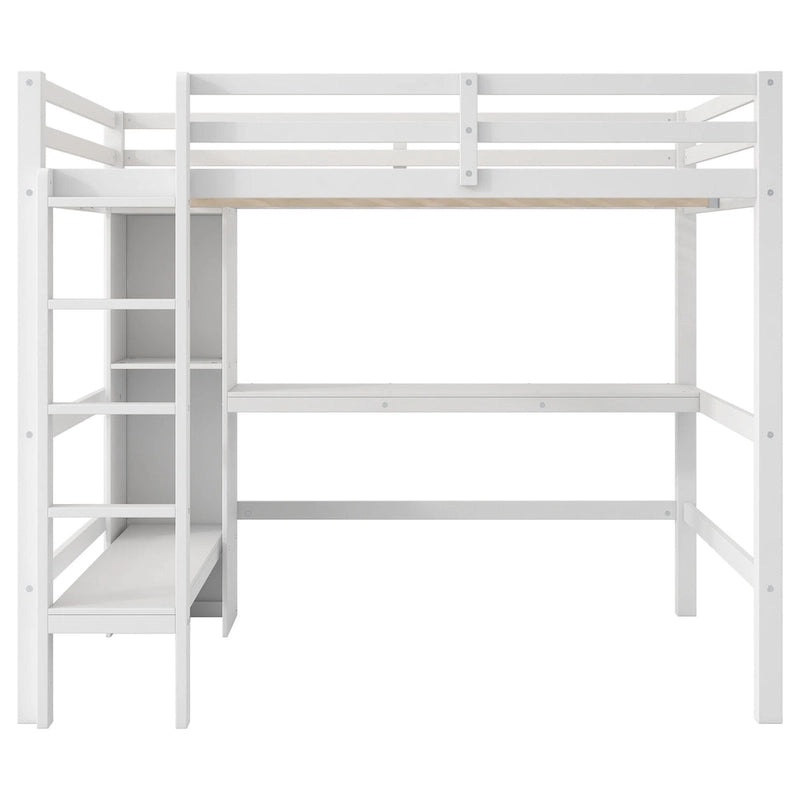 Lit mezzanine 2 places avec étagères de rangement et bureau, cadre de lit pour enfants multifonction avec bibliothèque ouverte