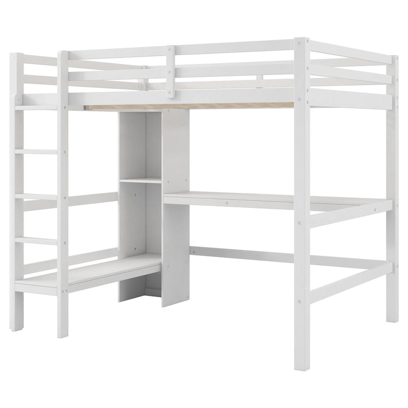 Lit mezzanine 2 places avec étagères de rangement et bureau, cadre de lit pour enfants multifonction avec bibliothèque ouverte