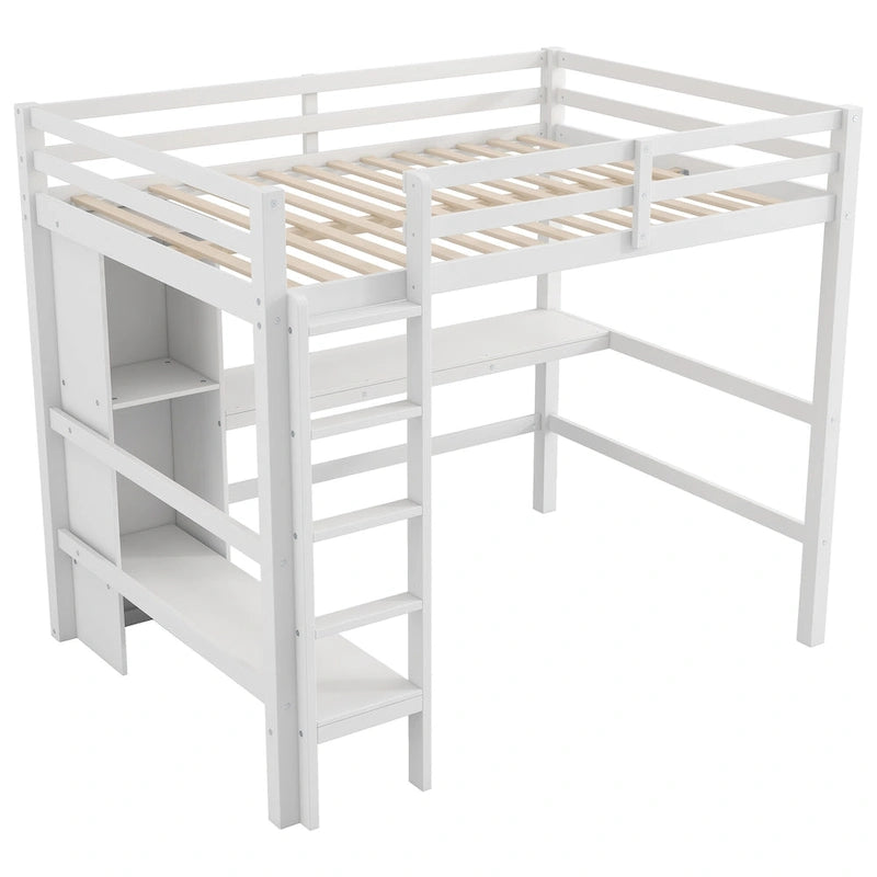 Lit mezzanine 2 places avec étagères de rangement et bureau, cadre de lit pour enfants multifonction avec bibliothèque ouverte