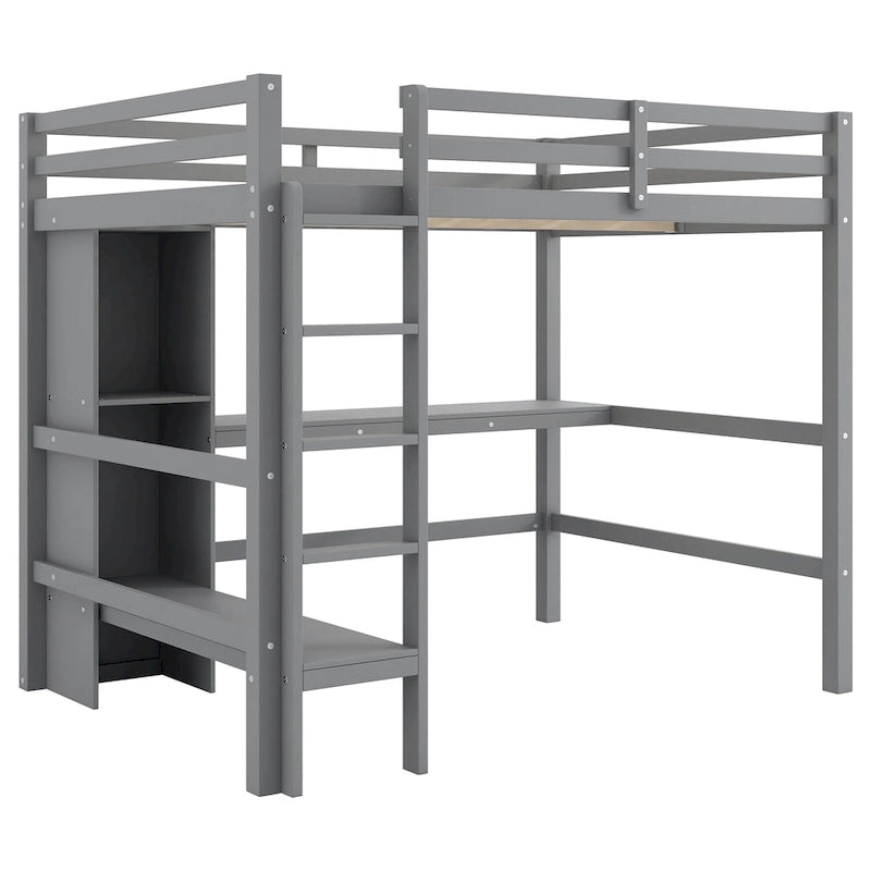 Lit mezzanine 2 places avec étagères de rangement et bureau, cadre de lit pour enfants multifonction avec bibliothèque ouverte