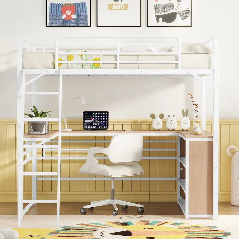 Metal Loft Bed with Under Bed L-shaped Desk and 3 Storage Shelves, Movable Ladder High Loft Bed