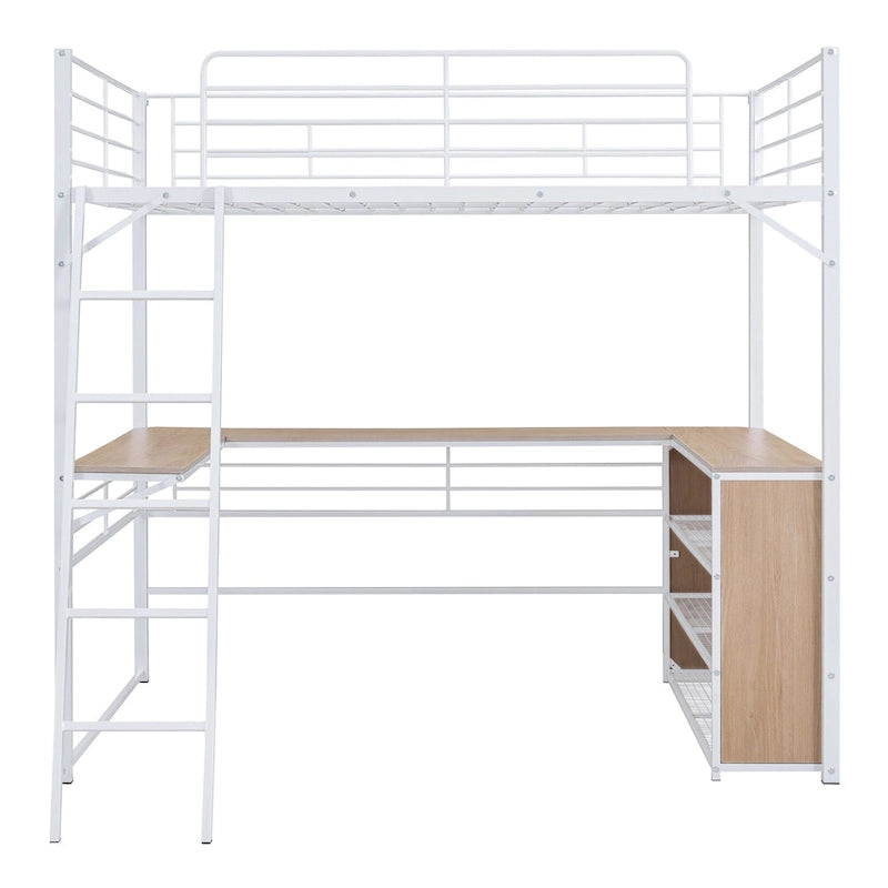 Cama alta de metal con escritorio en L debajo de la cama y 3 estantes de almacenamiento, cama alta con escalera móvil