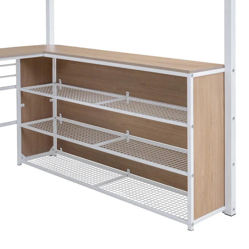Cama alta de metal con escritorio en L debajo de la cama y 3 estantes de almacenamiento, cama alta con escalera móvil