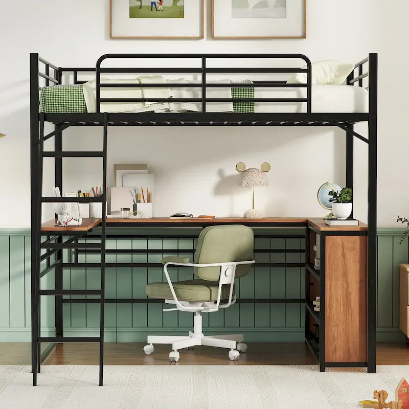 Cama alta de metal con escritorio en L debajo de la cama y 3 estantes de almacenamiento, cama alta con escalera móvil