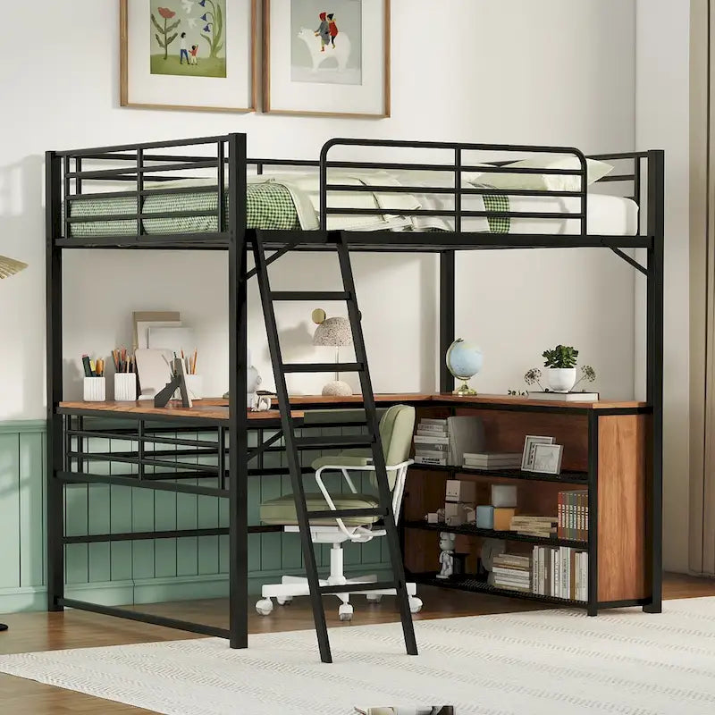 Cama alta de metal con escritorio en L debajo de la cama y 3 estantes de almacenamiento, cama alta con escalera móvil