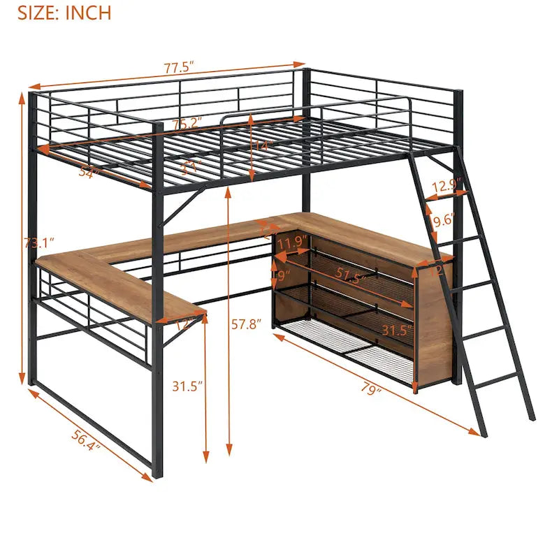 Cama alta de metal con escritorio en L debajo de la cama y 3 estantes de almacenamiento, cama alta con escalera móvil