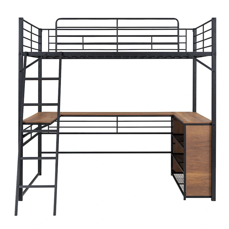 Cama alta de metal con escritorio en L debajo de la cama y 3 estantes de almacenamiento, cama alta con escalera móvil