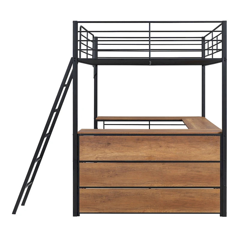 Cama alta de metal con escritorio en L debajo de la cama y 3 estantes de almacenamiento, cama alta con escalera móvil